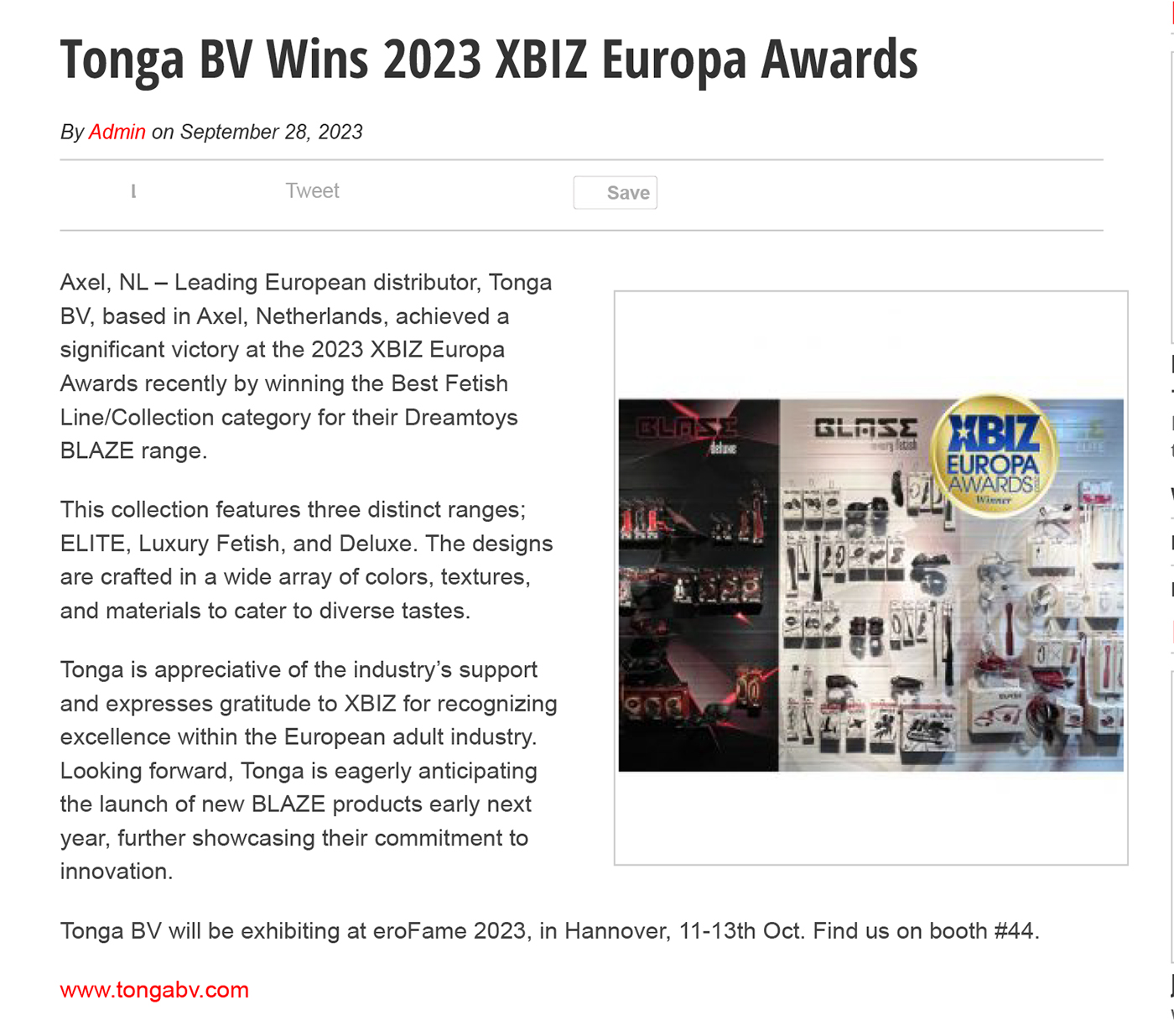2023-09 Synergymedia - Tonga BV wins 2023 XBIZ Europa Award